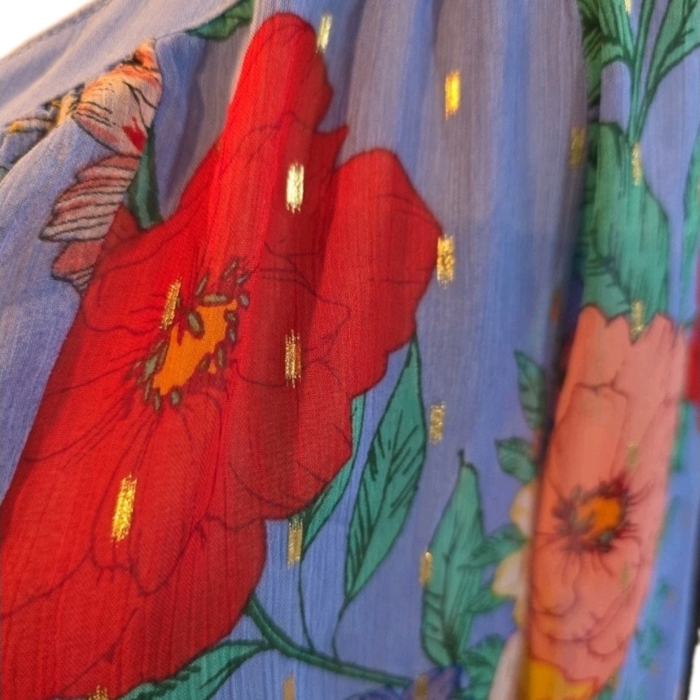 114 Floral Blue, Red And Gold Sheer Boho Women's Top - Picture 4 of 4